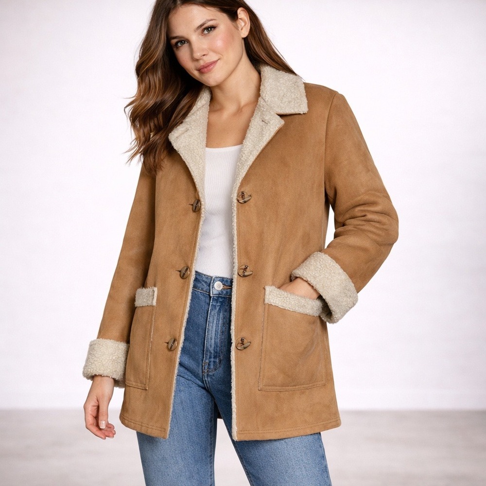 Tan Faux Suede Sherpa Lined Button Front Jacket Coat Made in Canada M